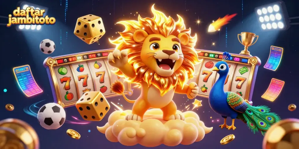 Engage your skills with daftar jambitoto in a vibrant casino-themed 3D illustration featuring lucky symbols.