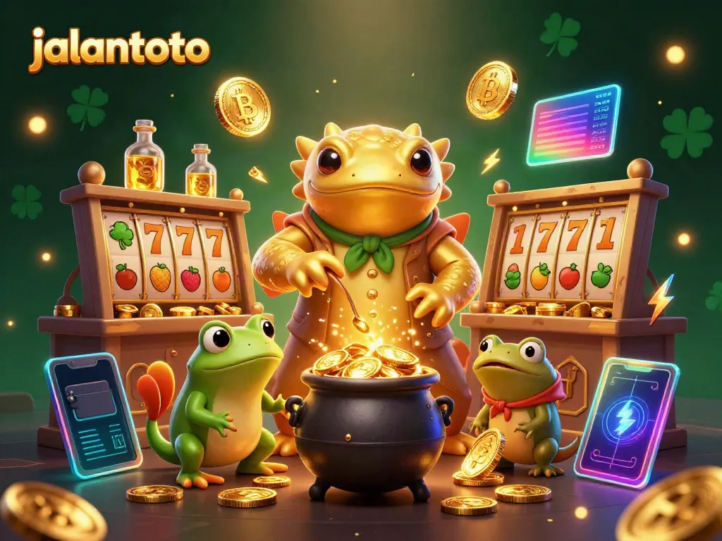 Experience thrilling wins at jalantoto with exciting slot reels, vibrant gold elements, and unique characters.