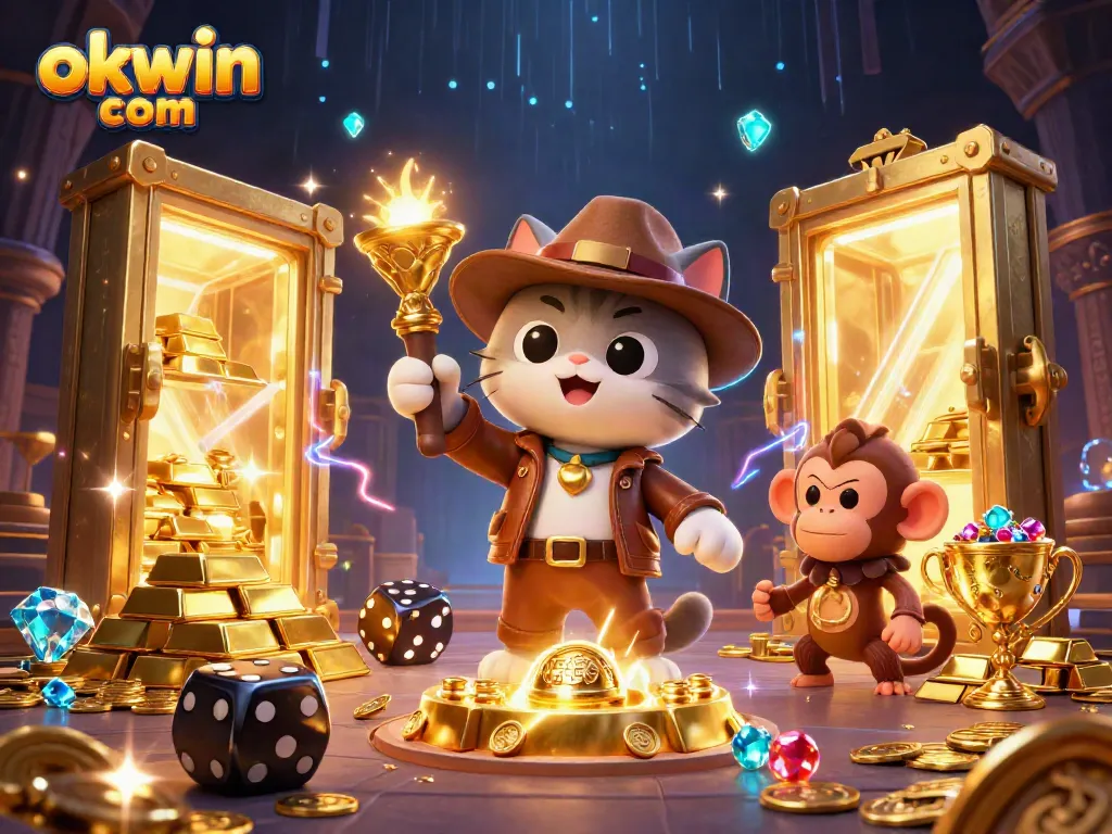 Join the adventures of okwin com as the explorer cat uncovers epic treasures in a vibrant casino-themed landscape.