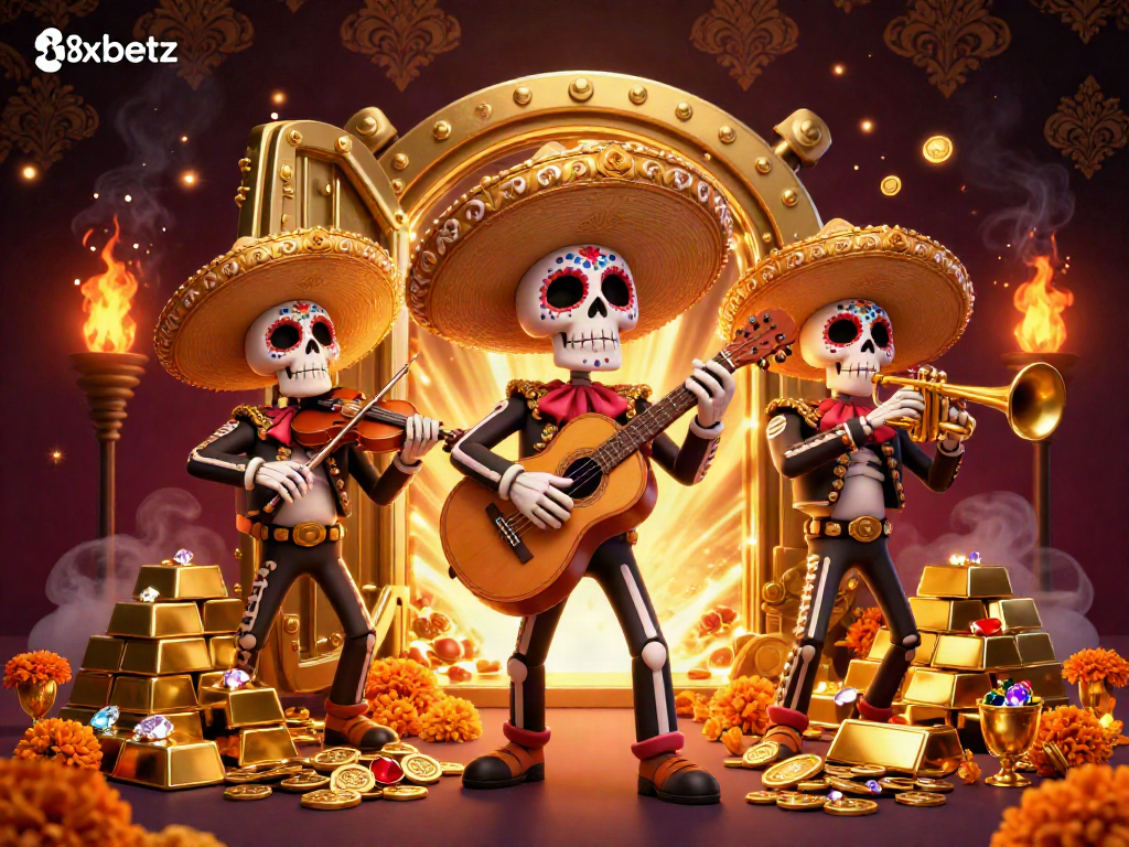 Experience the vibrant 8xbetz casino atmosphere with colorful mariachi skeletons and golden treasures shining bright.