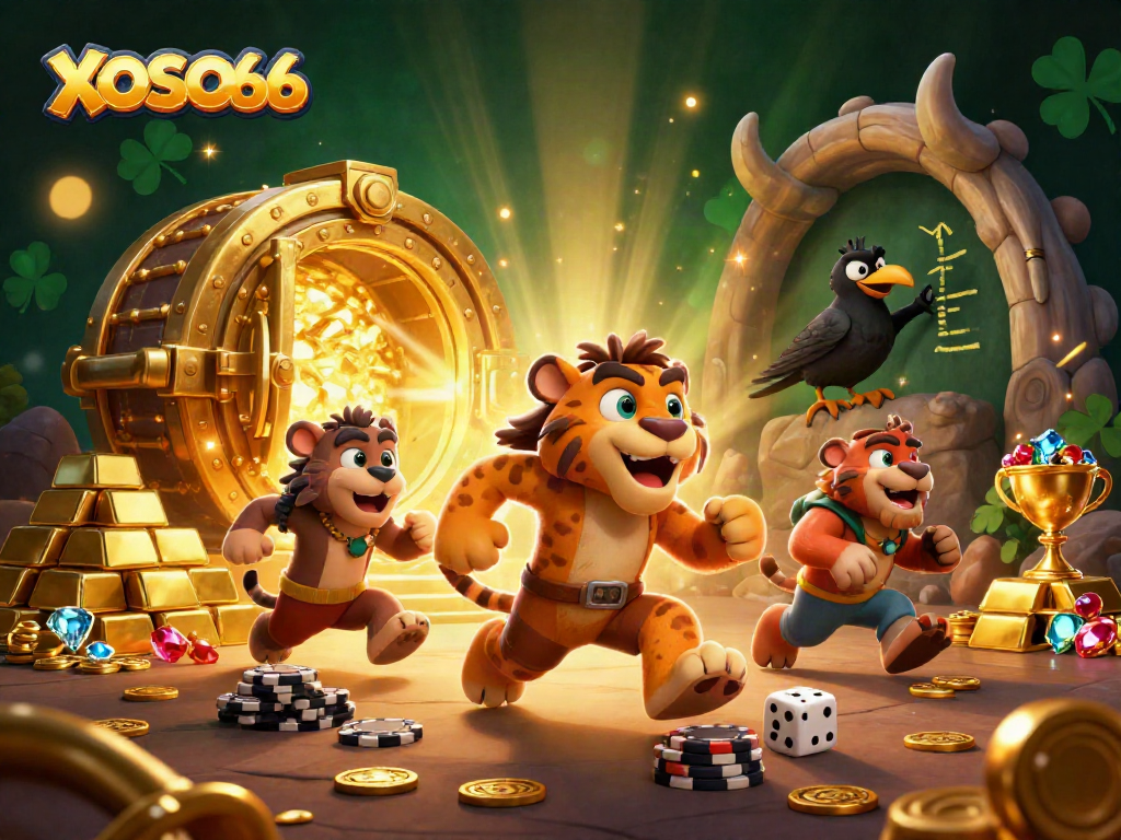 XOSO66 brings excitement to online gambling with a vibrant prehistoric casino scene featuring a unique duo of characters.