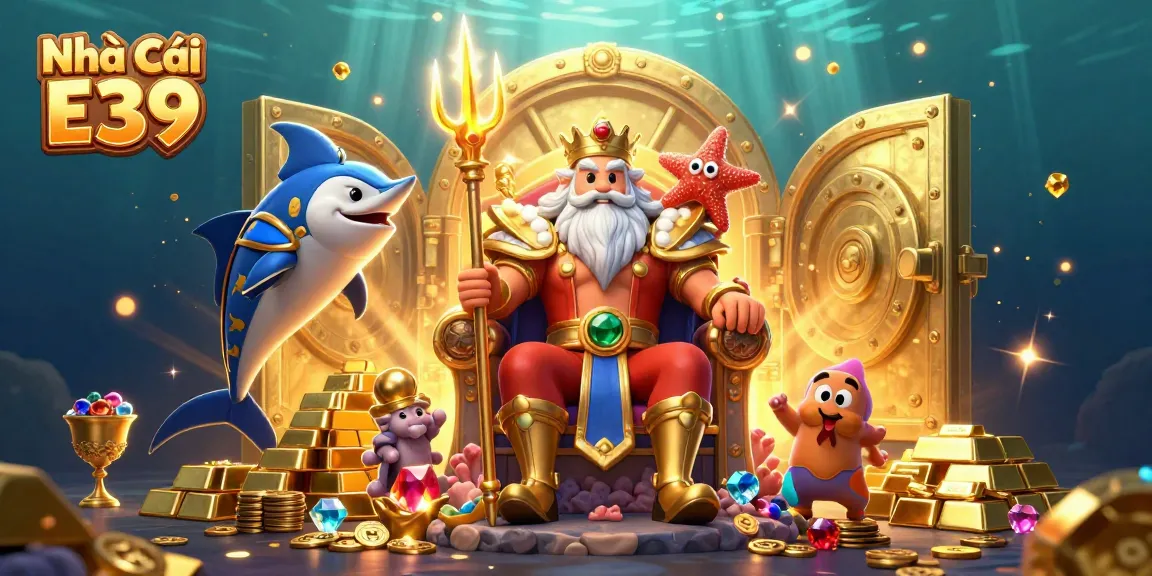 Experience the excitement at Nhà Cái E39 with vibrant casino-themed characters and treasures lighting up the scene.