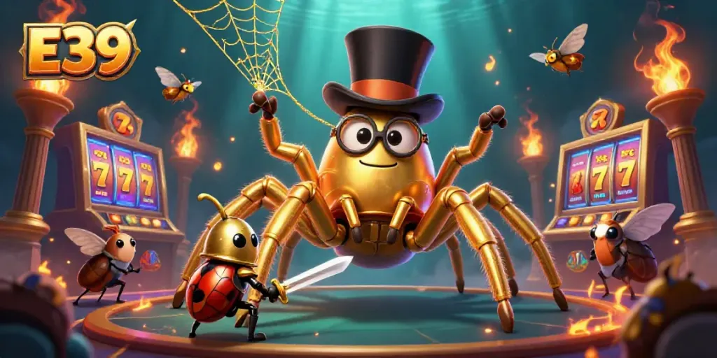 Experience thrilling wins at E39 with a golden tarantula and beetle knight in a vibrant casino scene.
