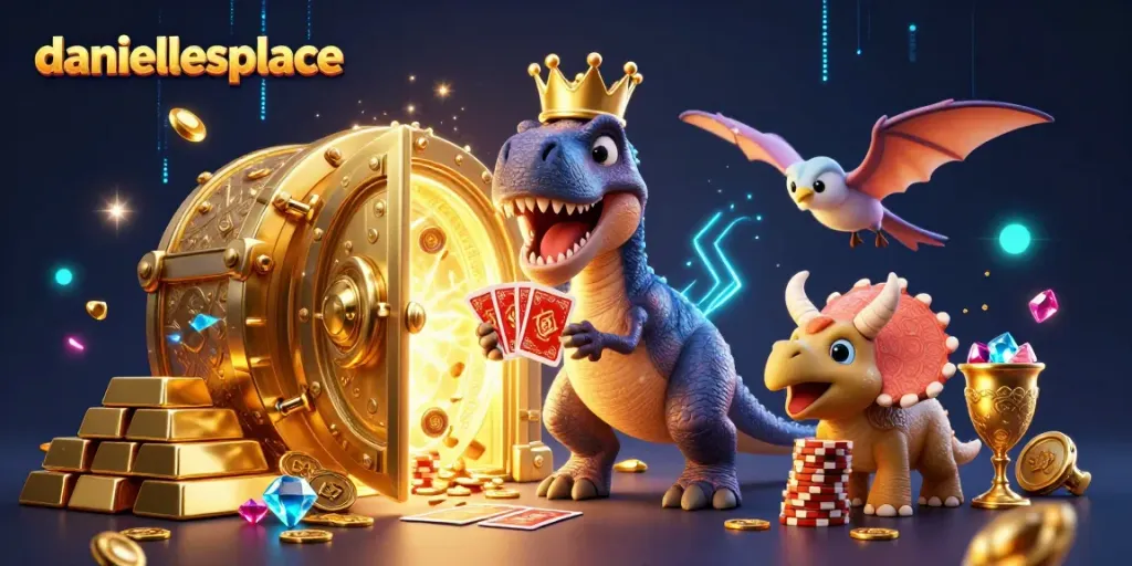 Join the fun at daniellesplace where a T-Rex shuffles cards in a vibrant casino scene.