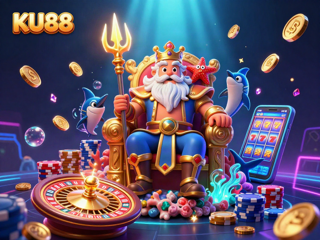Spin the reels and win big at KU88, featuring vibrant casino games elements and characters in a dynamic scene.