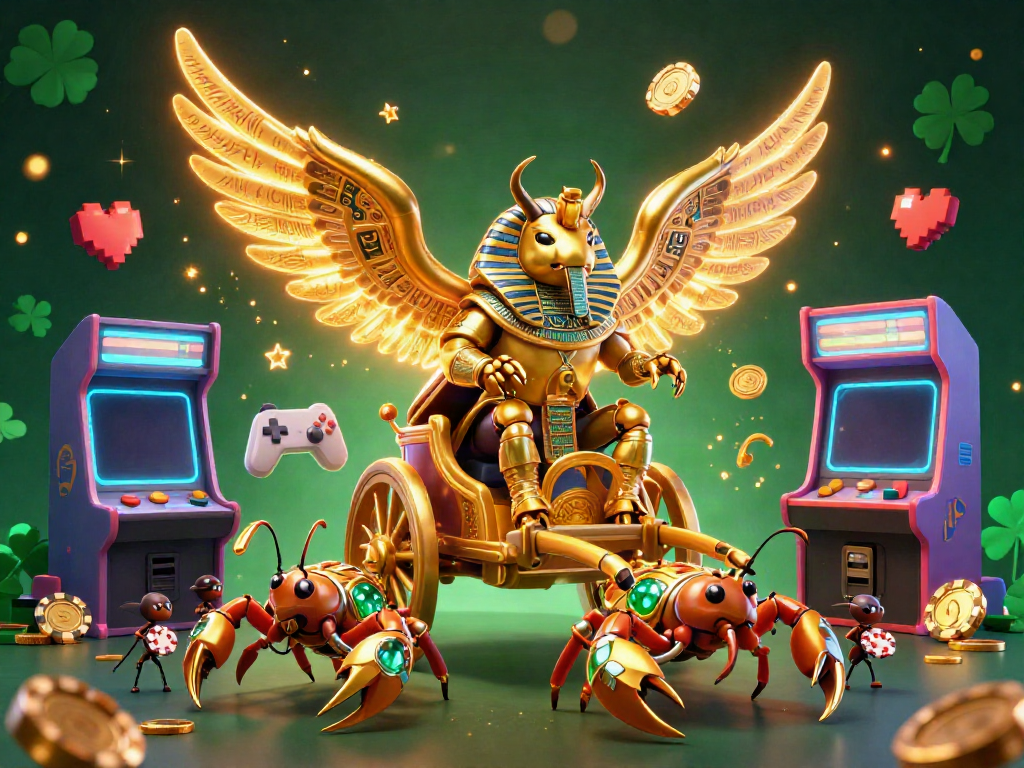 Engage with the vibrant world of ee88 as a golden scarab beetle rides a chariot, surrounded by colorful gaming elements.