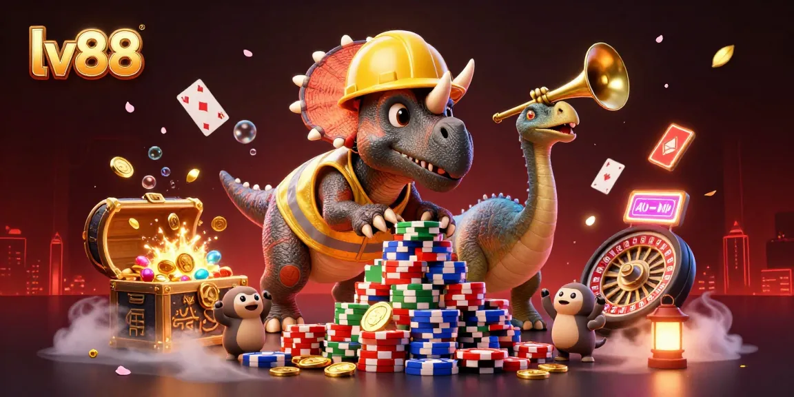 Engage with lv88's vibrant casino adventure featuring a triceratops building poker chip pyramids.