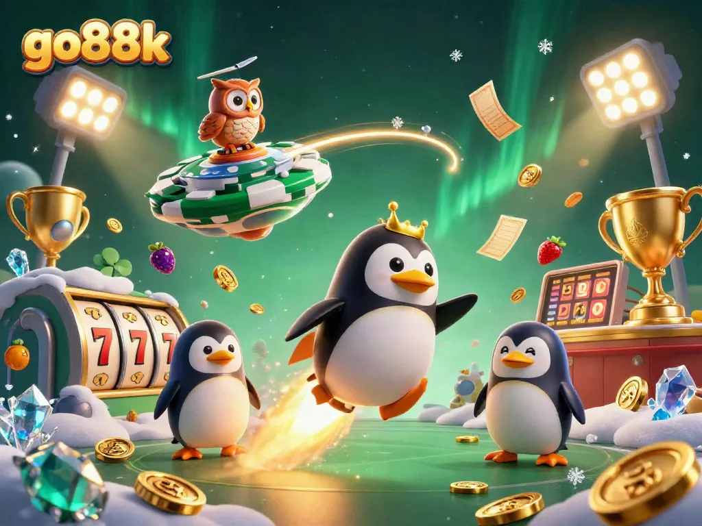 Engage in thrilling gameplay at go88k with a golden penguin launching towards a casino galaxy.