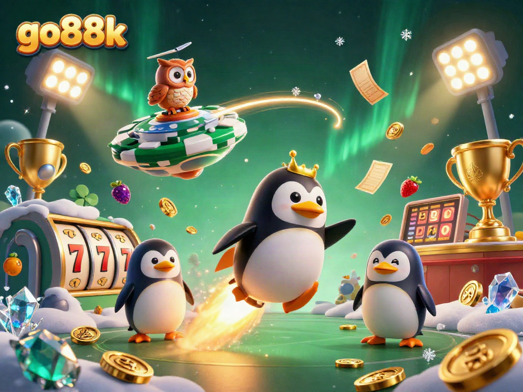 Engage in thrilling gameplay at go88k with a golden penguin launching towards a casino galaxy.