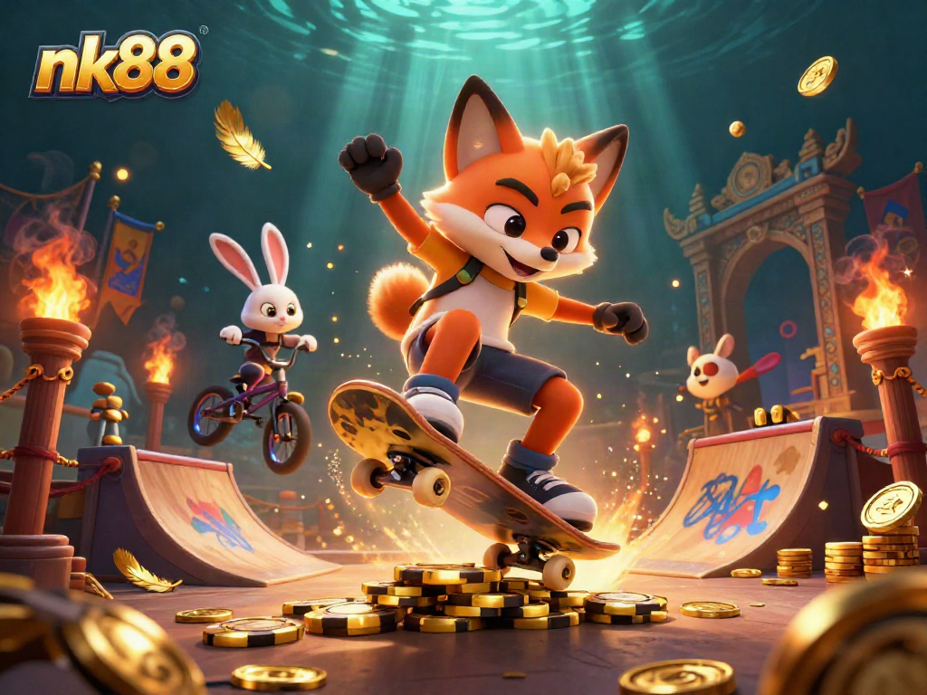 nk88 gameplay vividness brought alive with a 3D fox and rabbit in a rich casino scene