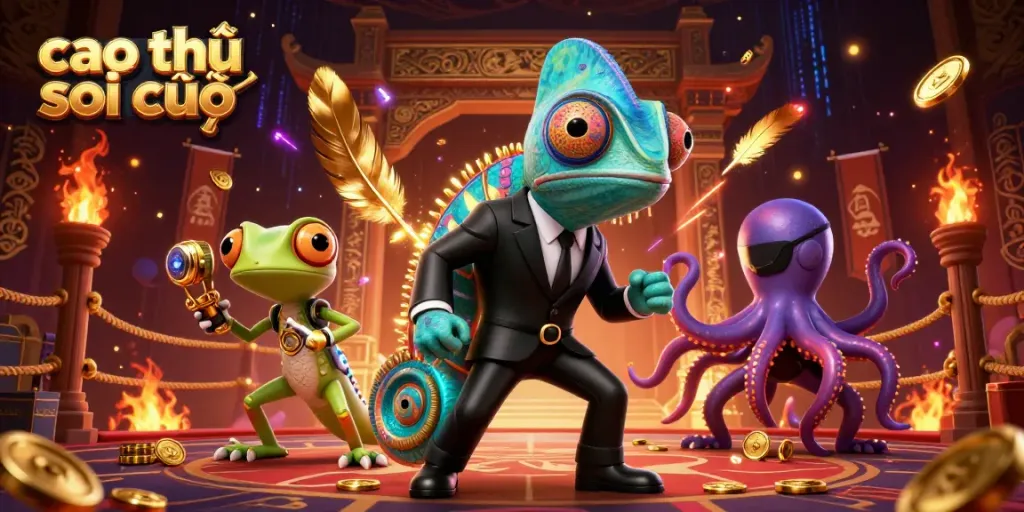 Cao thủ soi cầu showcases a colorful 3D illustration with vibrant gambling-themed characters and dynamic gaming elements.
