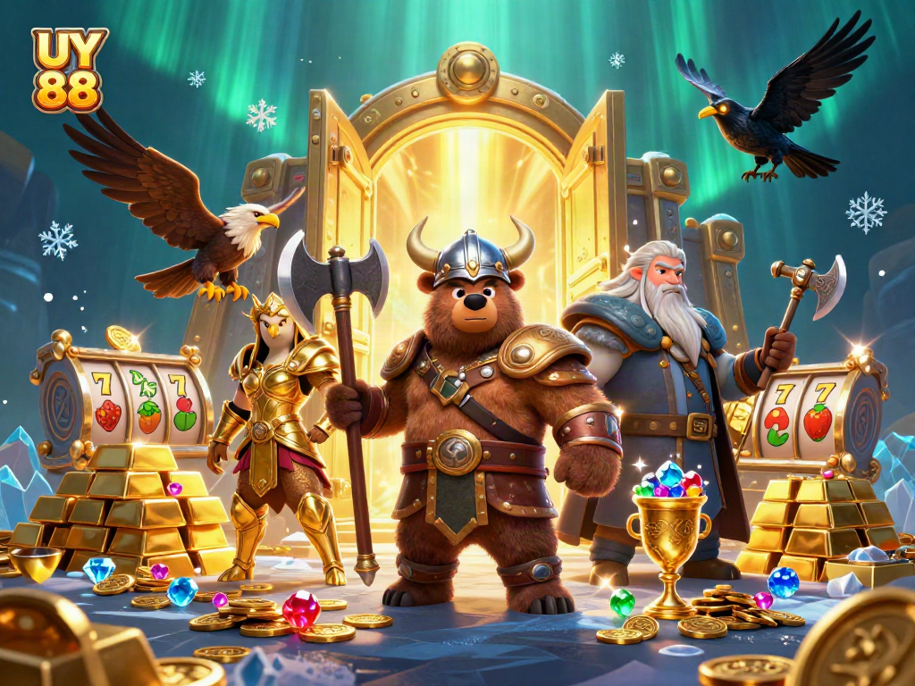 Experience UY 88 with an immersive Viking casino scene filled with treasures and game elements.