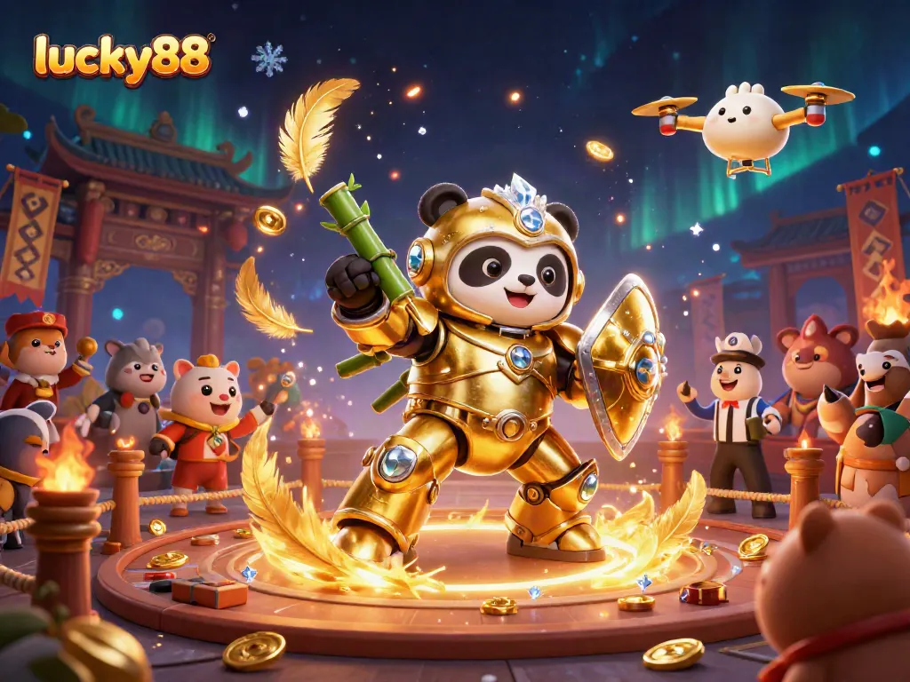 Experience thrilling gameplay at lucky88 with a golden panda piloting a mech-suit in a vibrant casino scene.
