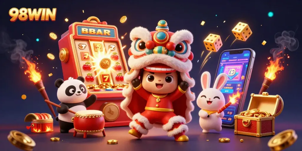 Experience dynamic gaming with 98WIN, featuring colorful characters, slot machines, and casino excitement.