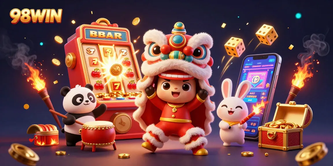 Experience dynamic gaming with 98WIN, featuring colorful characters, slot machines, and casino excitement.
