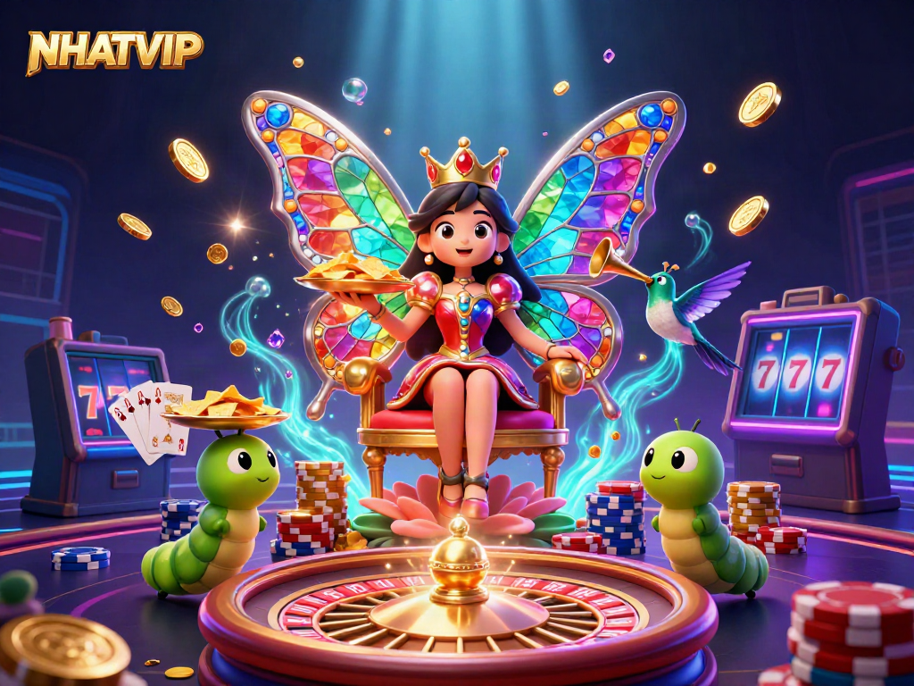 Experience thrilling gaming adventures at NHATVIP with vibrant illustrations of a magical butterfly queen and glowing casino elements.