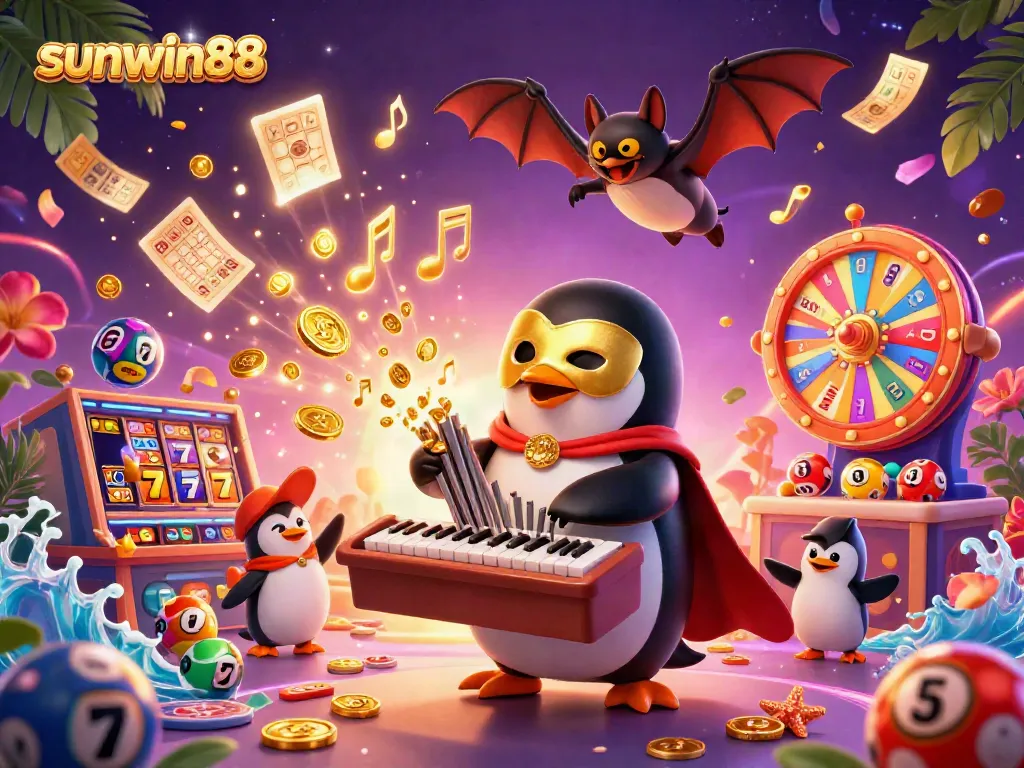 Engage in thrilling games at sunwin88 with animated scenes of a penguin playing, golden coins flying.