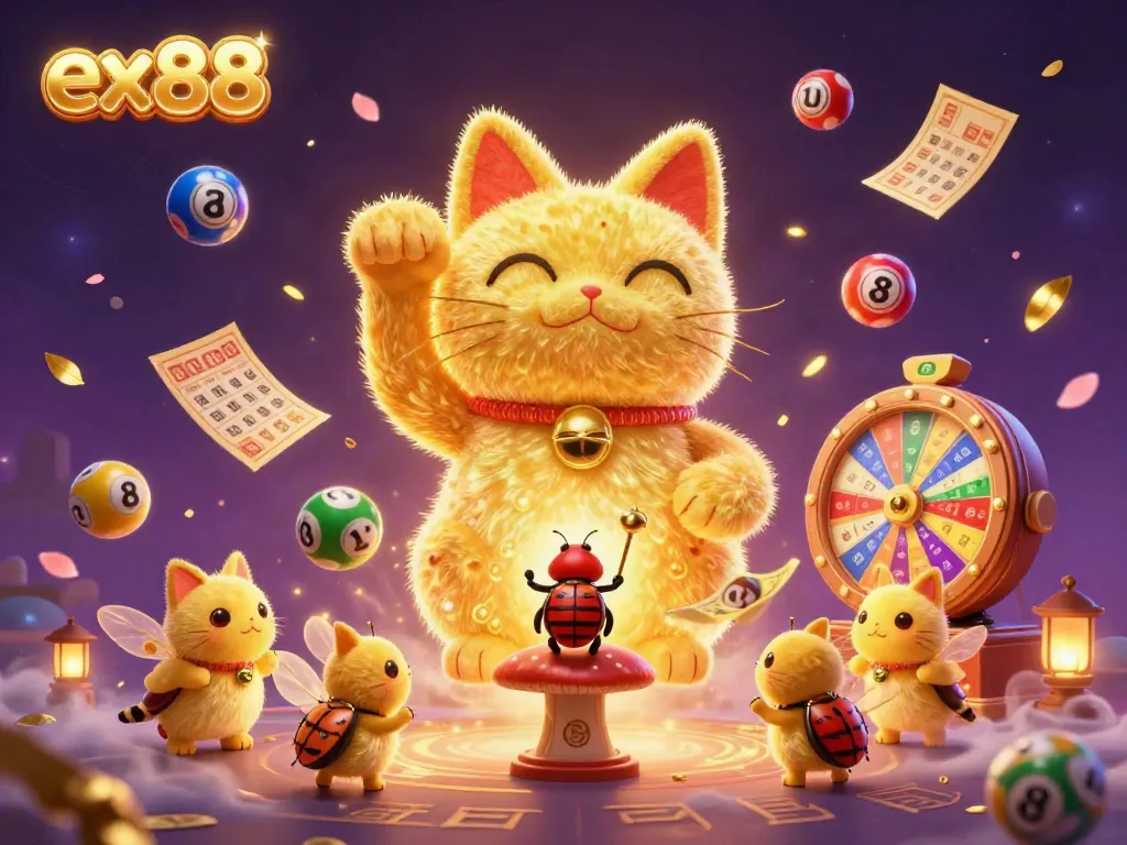 Experience the dynamic world of ex88 with a vibrant and detailed casino-themed illustration featuring a lucky cat and colorful game elements.