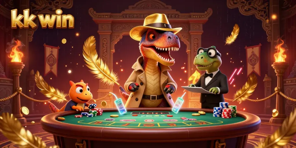 kk win casino scene featuring a velociraptor card counter and a stegosaurus pit boss, surrounded by gaming elements.