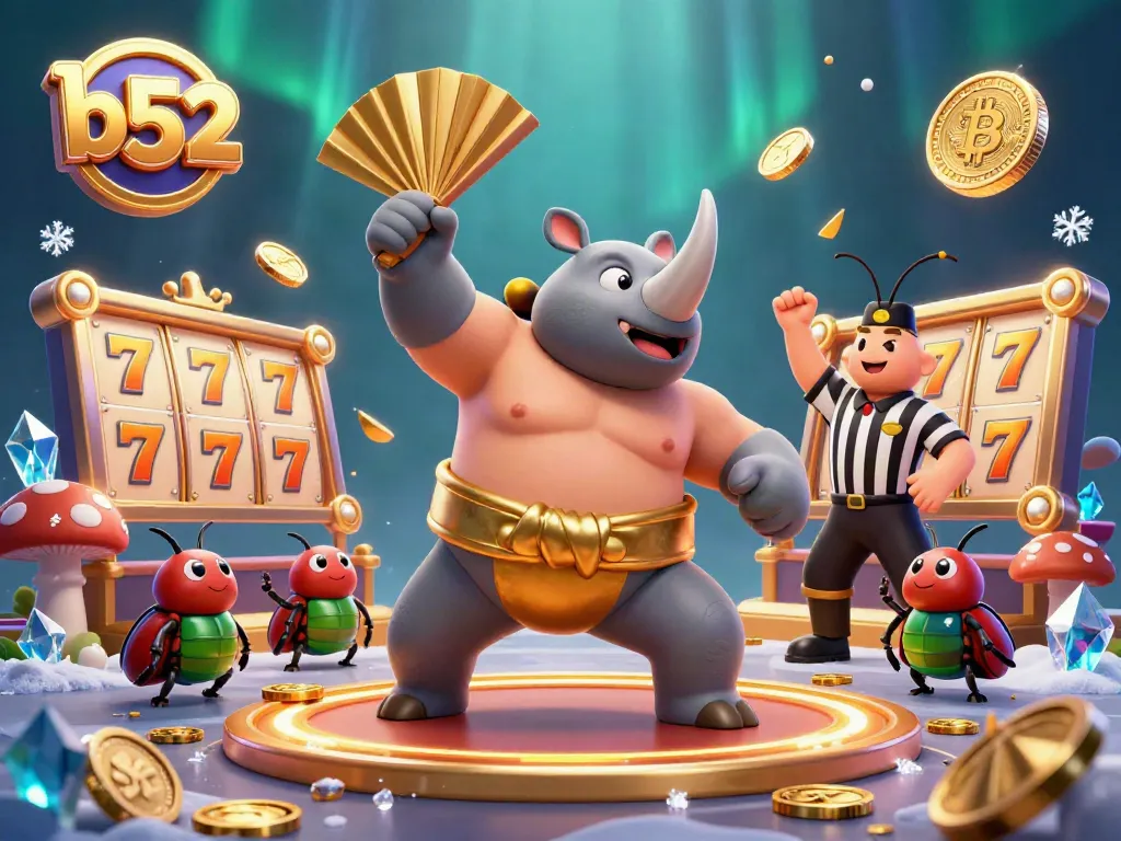 B52 demonstrates dynamic casino gameplay with vibrant illustrations featuring beetles and slot symbols.