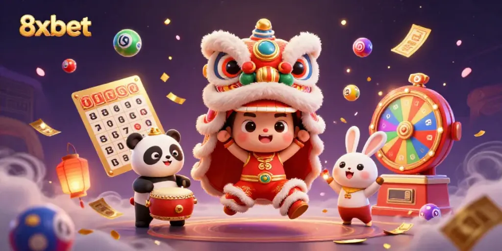 Participate in exciting lottery games with 8xbet, showcasing dynamic lottery balls and festive characters.