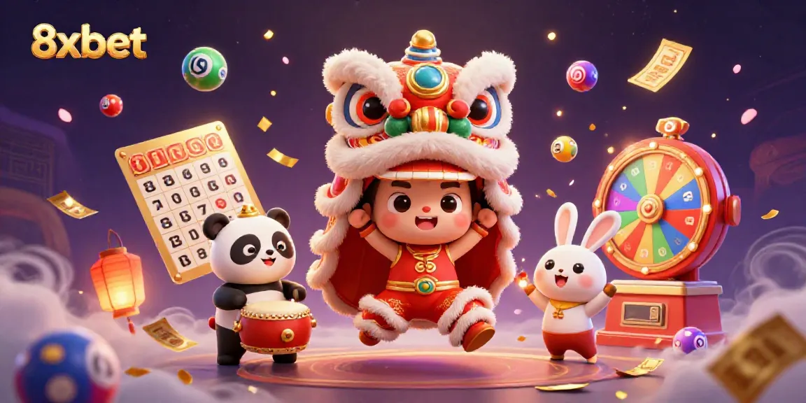 Participate in exciting lottery games with 8xbet, showcasing dynamic lottery balls and festive characters.