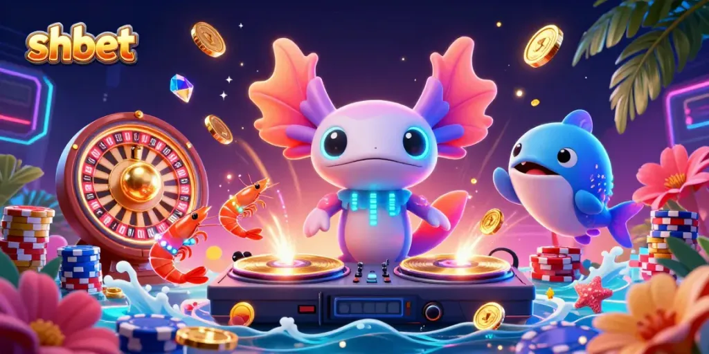 Engage with shbet's vibrant gaming world featuring a neon axolotl DJ surrounded by dynamic casino elements.