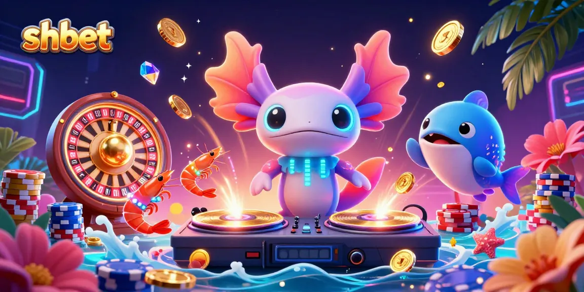 Engage with shbet's vibrant gaming world featuring a neon axolotl DJ surrounded by dynamic casino elements.