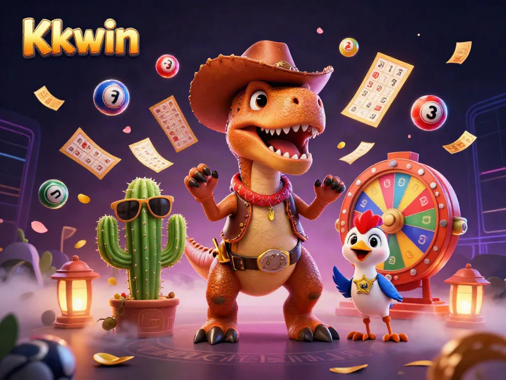 Engage in the vibrant world of Kkwin with a dynamic 3D casino scene featuring colorful elements and lively characters.