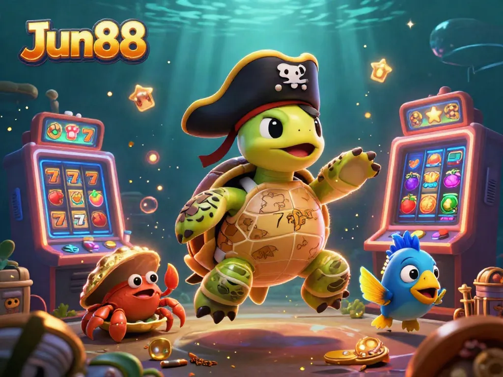 Engage with Jun88's vibrant 3D illustration featuring a pirate turtle and casino elements.