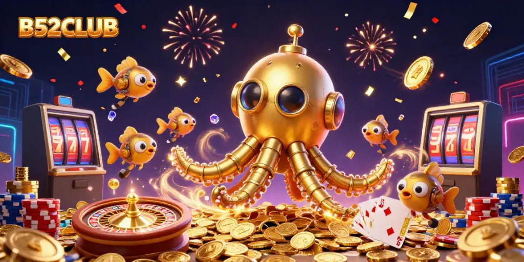 B52CLUB presents an exhilarating scene of a golden kraken submarine amidst falling coins, evoking casino excitement.