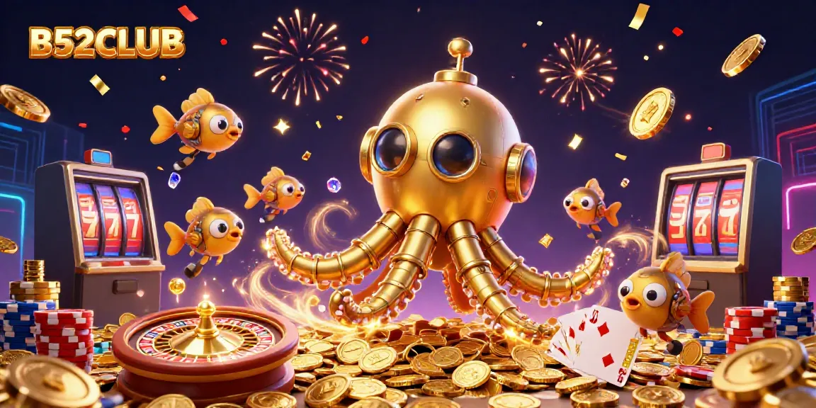 B52CLUB presents an exhilarating scene of a golden kraken submarine amidst falling coins, evoking casino excitement.