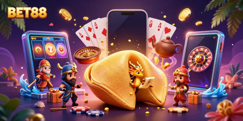 Experience the thrill of BET88 with a dynamic illustration showcasing a golden fortune cookie and casino elements, capturing excitement.