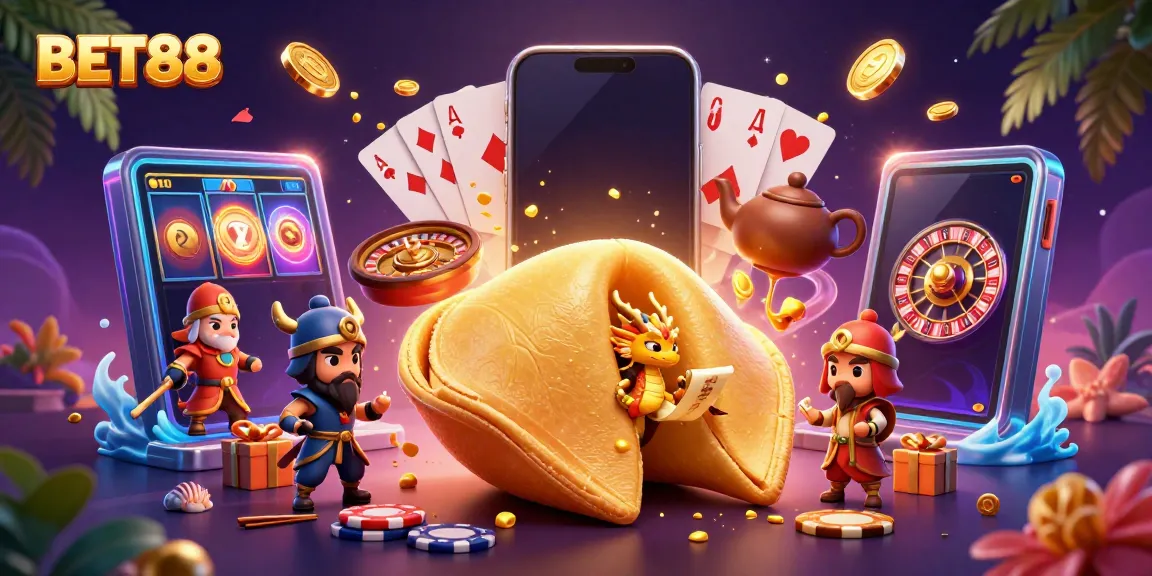 Experience the thrill of BET88 with a dynamic illustration showcasing a golden fortune cookie and casino elements, capturing excitement.