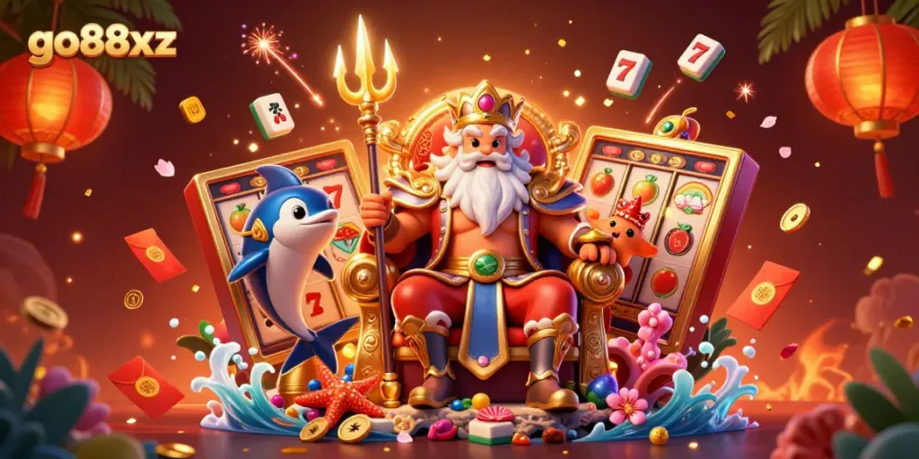 Experience the magic of gaming with go88xz in a vibrant casino illustration featuring Neptune and exciting elements!
