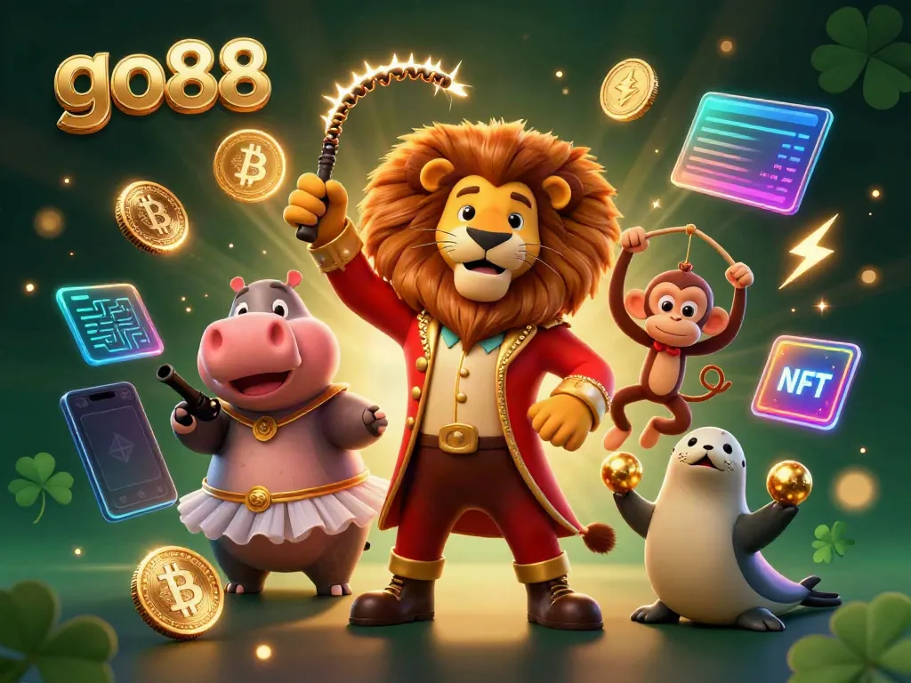 Join the fun at go88's enchanting digital casino world with vibrant characters and crypto-themed elements!