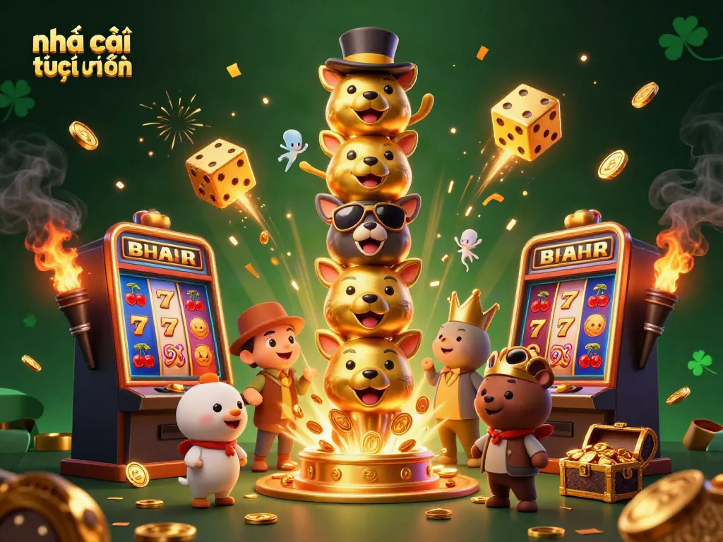 Immerse in the vibrant world of nhà cái trực tuyến uy tín, featuring a dynamic scene of a totem pole, slot machines, and coins.