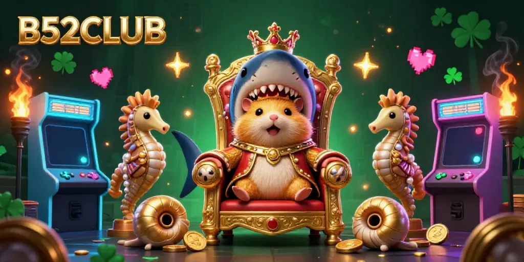 Engage in epic gaming adventures at B52CLUB with a golden hamster king and vibrant casino elements.