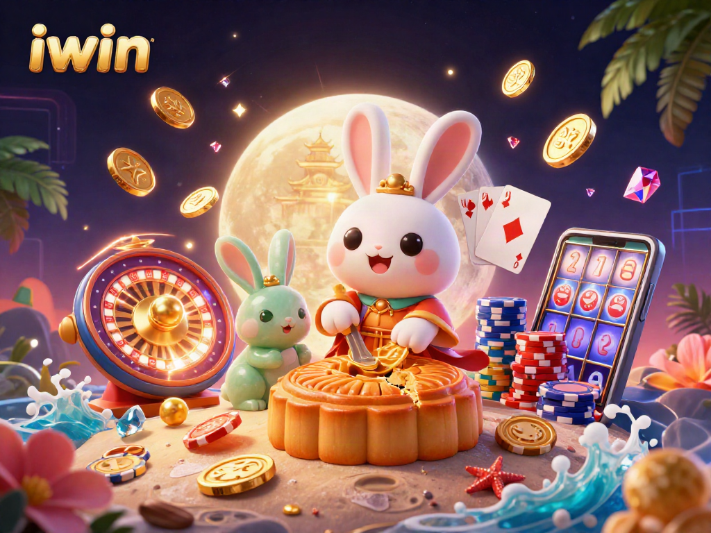 Win big with iwin's captivating casino experience featuring animated moon rabbit and poker elements.