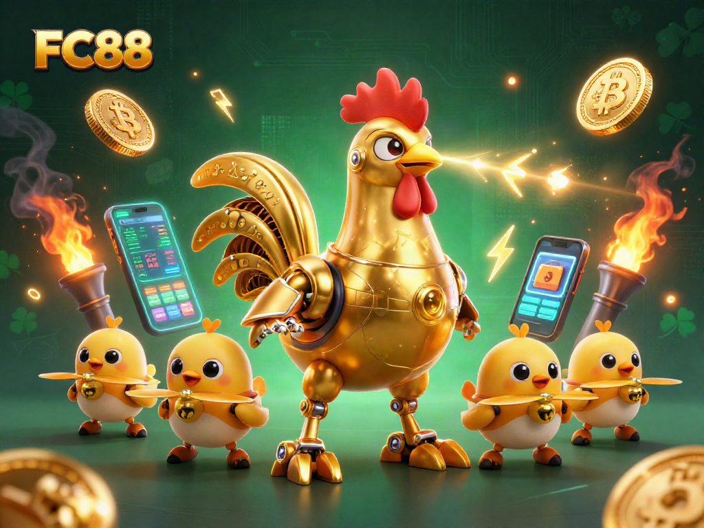Engage with FC88 as the golden rooster robot leads a vibrant casino adventure amid glowing crypto elements.