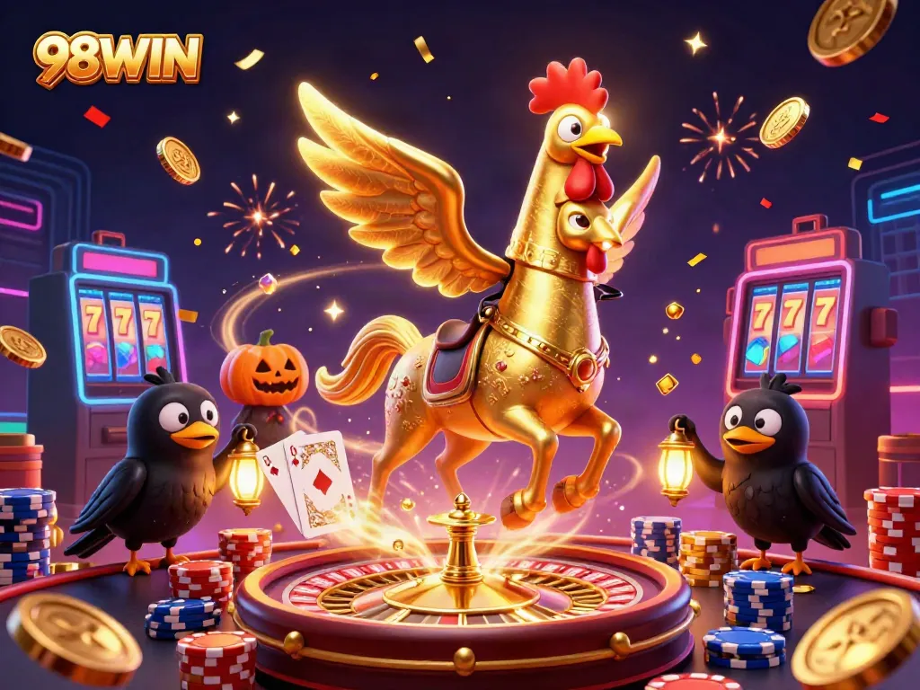 Engage in thrilling gameplay at 98WIN Casino, featuring vibrant gaming elements like golden coins and poker chips.