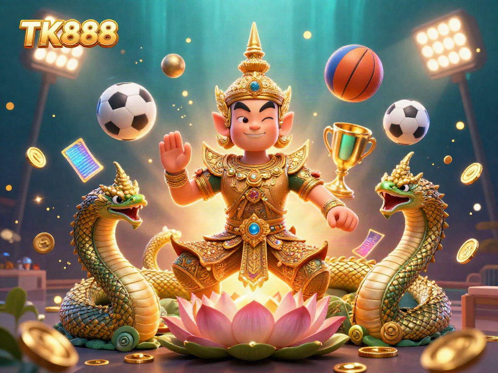 Engage in the thrill of live betting with TK888's vibrant casino illustration featuring dynamic sports elements and a guardian mascot.