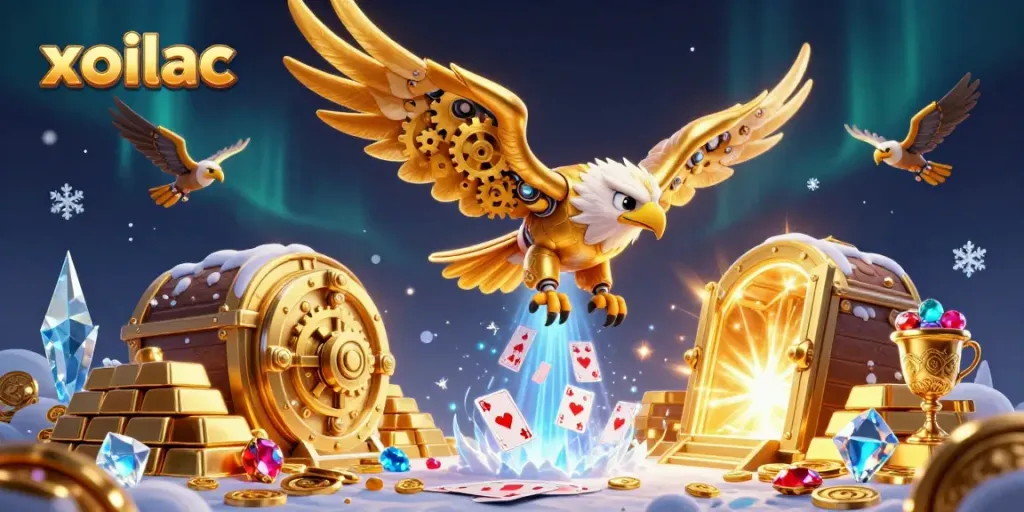Xoilac showcases thrilling casino action with a diving golden eagle and holographic cards.