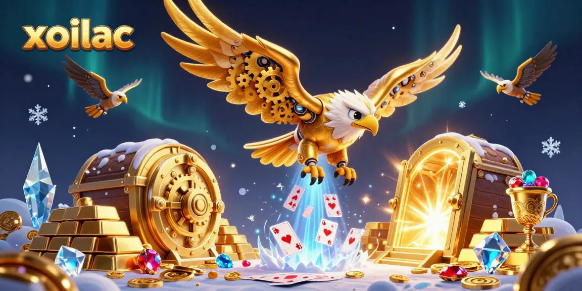 Xoilac showcases thrilling casino action with a diving golden eagle and holographic cards.