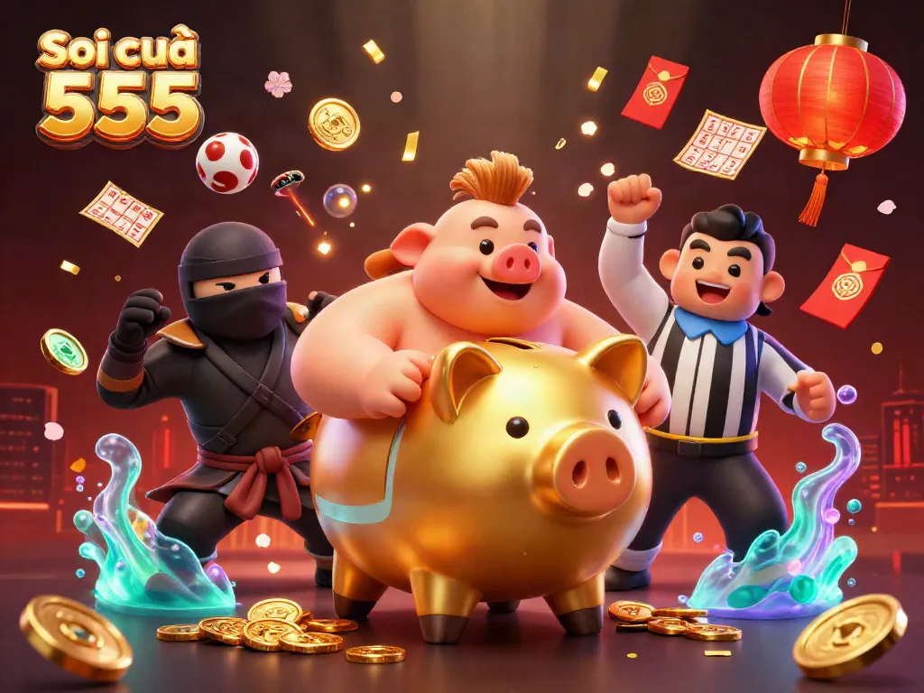 Engage in the excitement of Soi cầu 555 with a sumo wrestler banking coins amidst floating lottery balls and vibrant decorations.