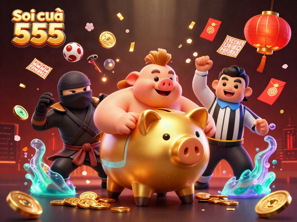 Engage in the excitement of Soi cầu 555 with a sumo wrestler banking coins amidst floating lottery balls and vibrant decorations.