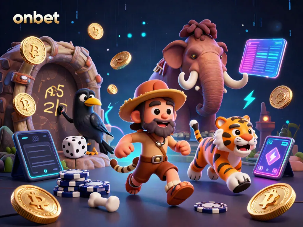 Engage in thrilling betting adventures at onbet with a vibrant casino scene featuring cartoon characters.
