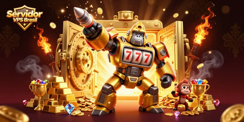 Experience the thrill of Servidor VPS Brasil with an explosive golden gorilla mech in a lavish casino scene.