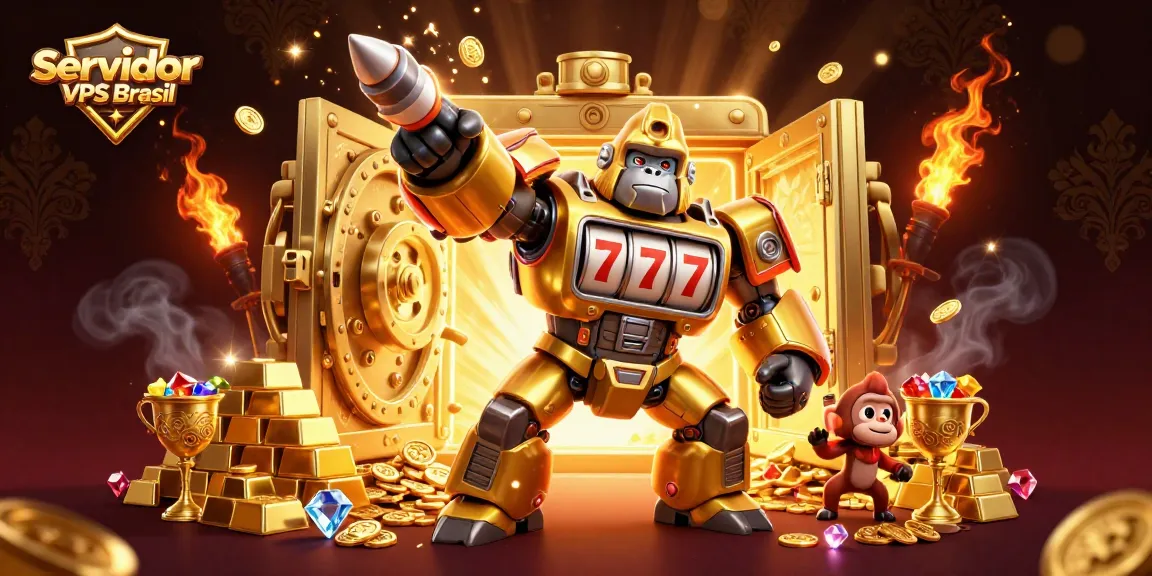 Experience the thrill of Servidor VPS Brasil with an explosive golden gorilla mech in a lavish casino scene.