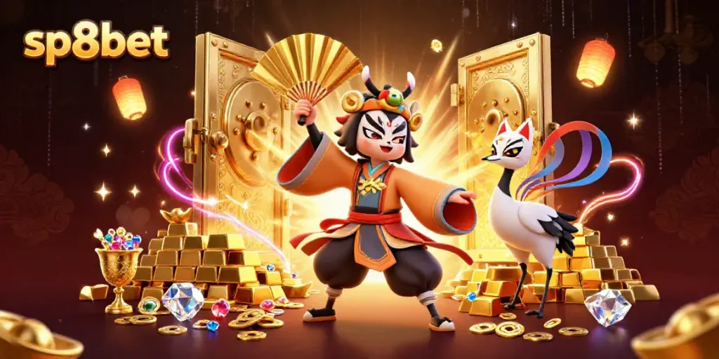 Experience the dazzling sp8bet online casino with captivating characters and treasure-filled gaming scene.